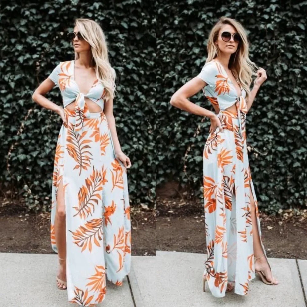 Latiste Mint Blue/Tropical Leaf Orange Island Hop Cut Out Maxi Dress. NWT Size S - Picture 13 of 13